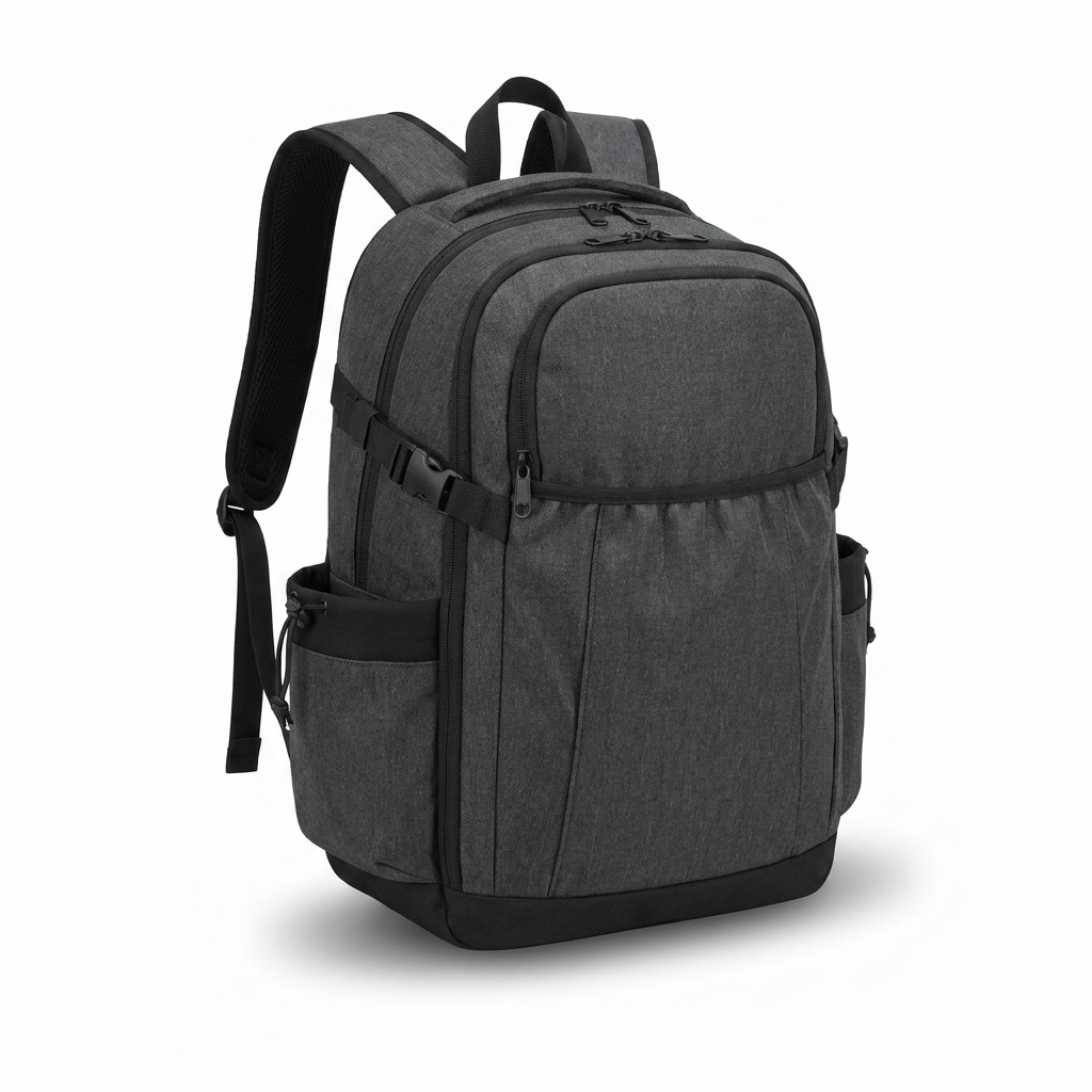A photorealistic studio product shot of the Bugatti charcoal grey backpack, angled to the left to show the side profile and pocket, on a pure white background with a soft shadow.