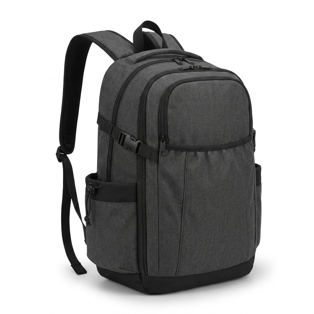 A studio product photo of the charcoal Bugatti K&B Sport Tremblant Boot Backpack on a pure white background. The backpack is angled to show its right side and front, with all zippers, straps, and pockets clearly visible. A soft shadow is cast beneath it.