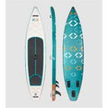 Front, side, and back views of a 12' teal and white K&B Sport inflatable touring paddle board.