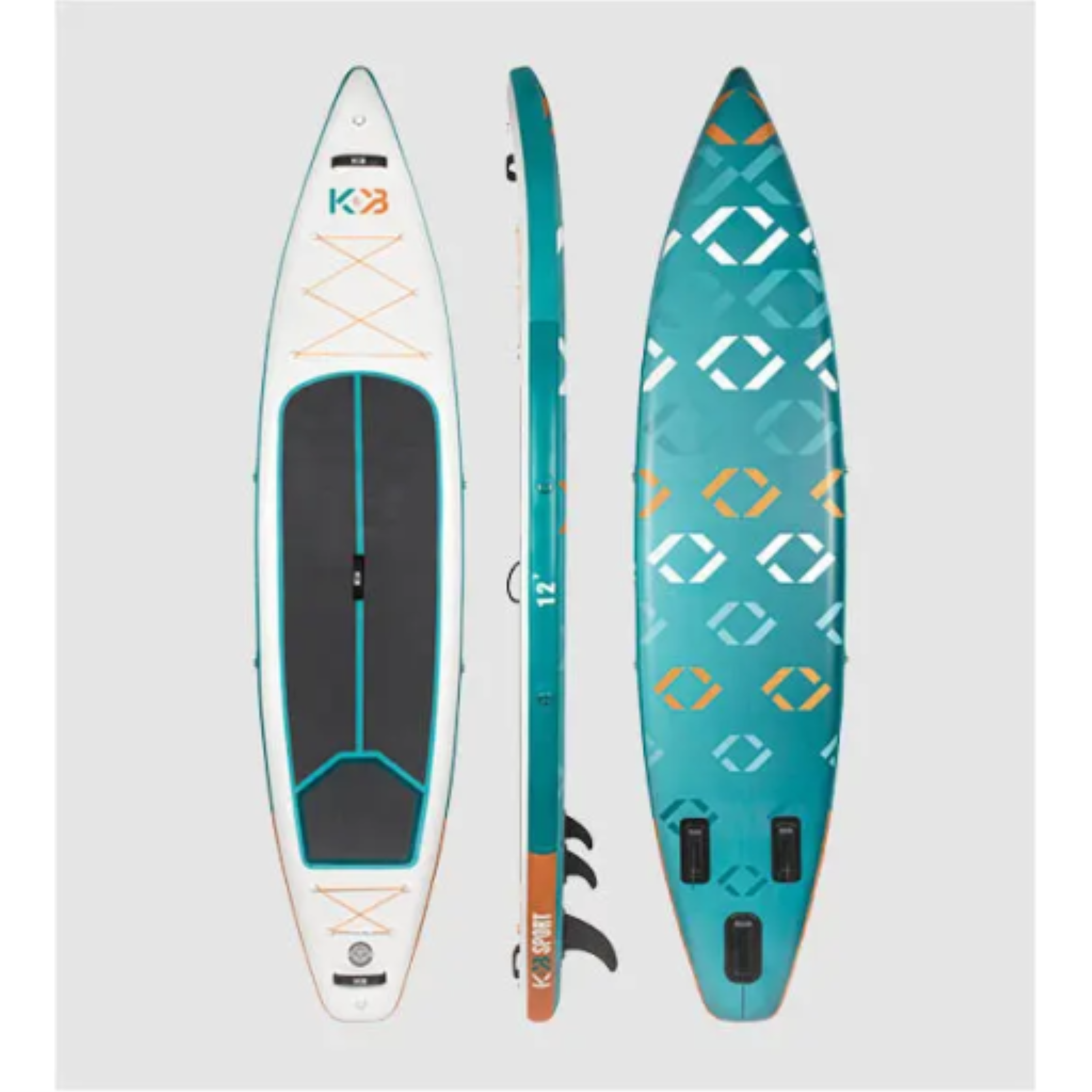 Front, side, and back views of a 12' teal and white K&B Sport inflatable touring paddle board.