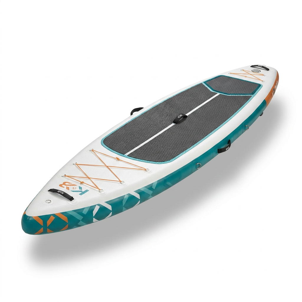 A photorealistic studio product photograph shows the Bugatti K&B Sport - Touring Inflatable Paddle Board 12' - White. The board is angled to display its left side and deck, featuring the teal, white, and orange geometric patterns, dark grey desk pad, and bungee cords. It is centered on a pure white background with a soft, natural shadow beneath it.