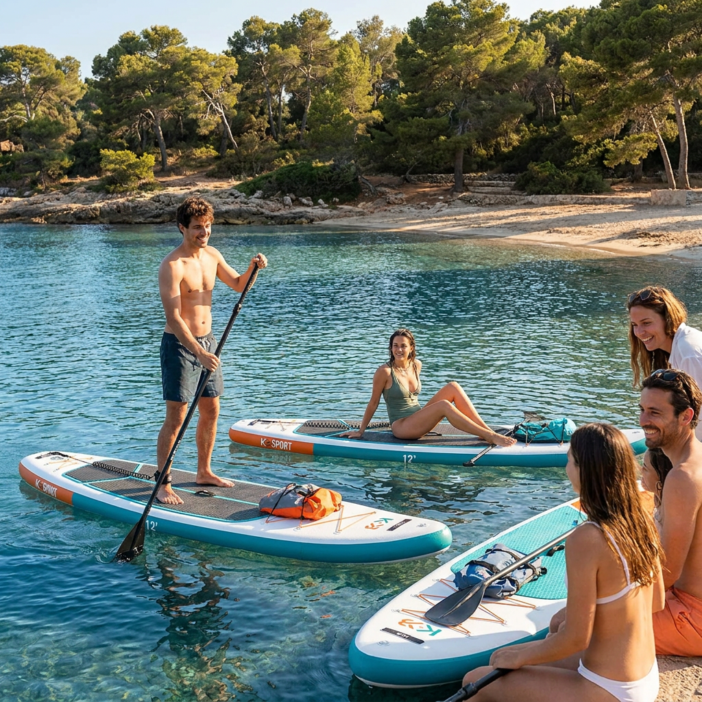 Lifestyle photo of people using Bugatti K&B Sport paddle boards on a sunny day.