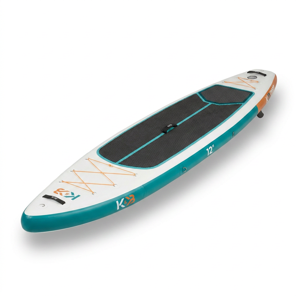 A photorealistic studio product photo of the white and teal Bugatti K&B Sport 12' paddle board, angled right on a pure white background with a soft shadow.