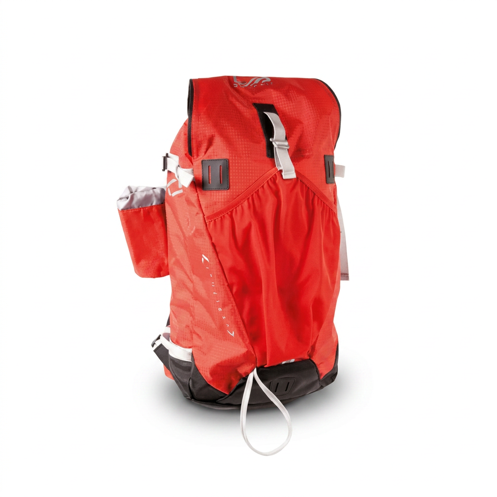 A photorealistic studio product photo of the red Bugatti K&B Sport ski touring backpack, angled to its left side on a pure white background with a soft natural shadow.