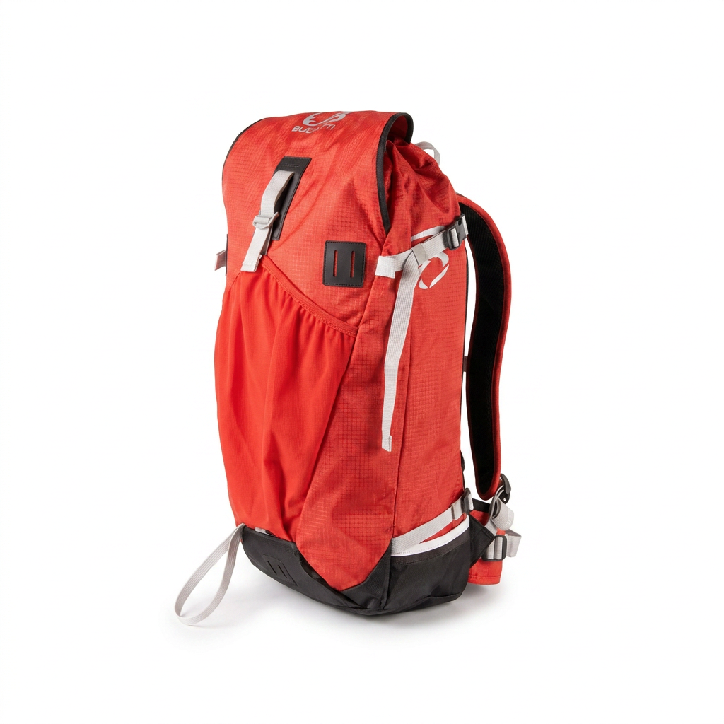 Studio product photo of the red Bugatti K&B Sport ski touring backpack, model BPK5862-RED, angled to show the right side.