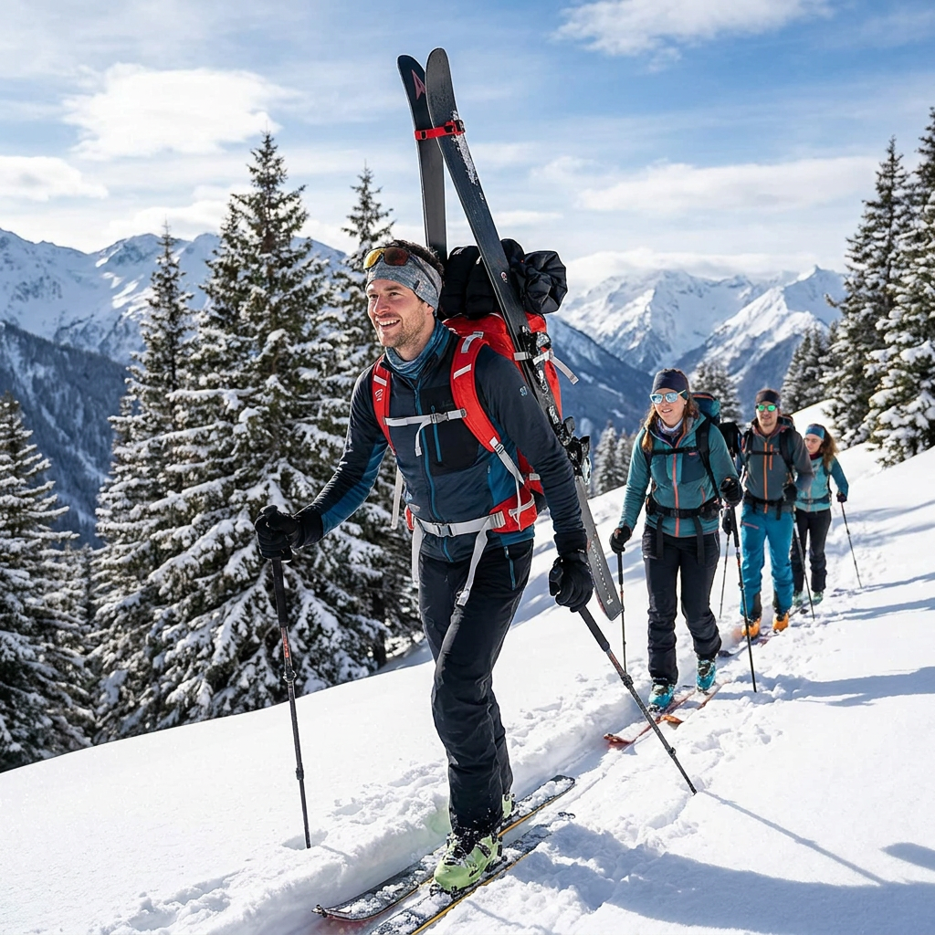 A lifestyle photo showing a group of ski tourers ascending a snowy mountain, with the leading person carrying the red Bugatti ski backpack from the reference image.