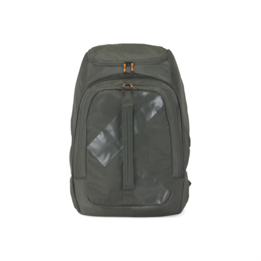 Khaki K&B Sport Peak 72L boot backpack with orange zipper pulls and reflective stripe design.