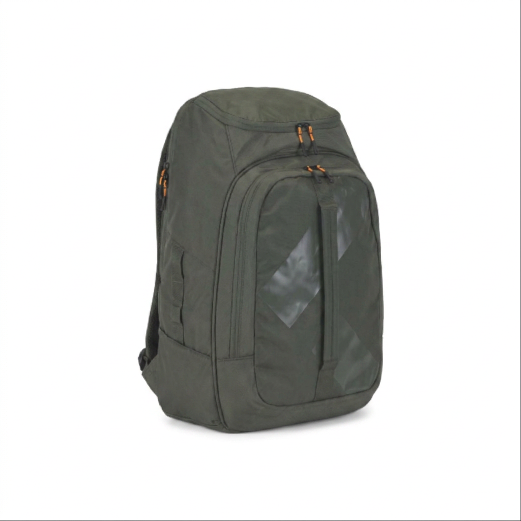 A photorealistic studio photo of the Bugatti K&B Sport Peak Boot Backpack in khaki, angled to show the left side. It rests on a pure white background with a soft shadow.