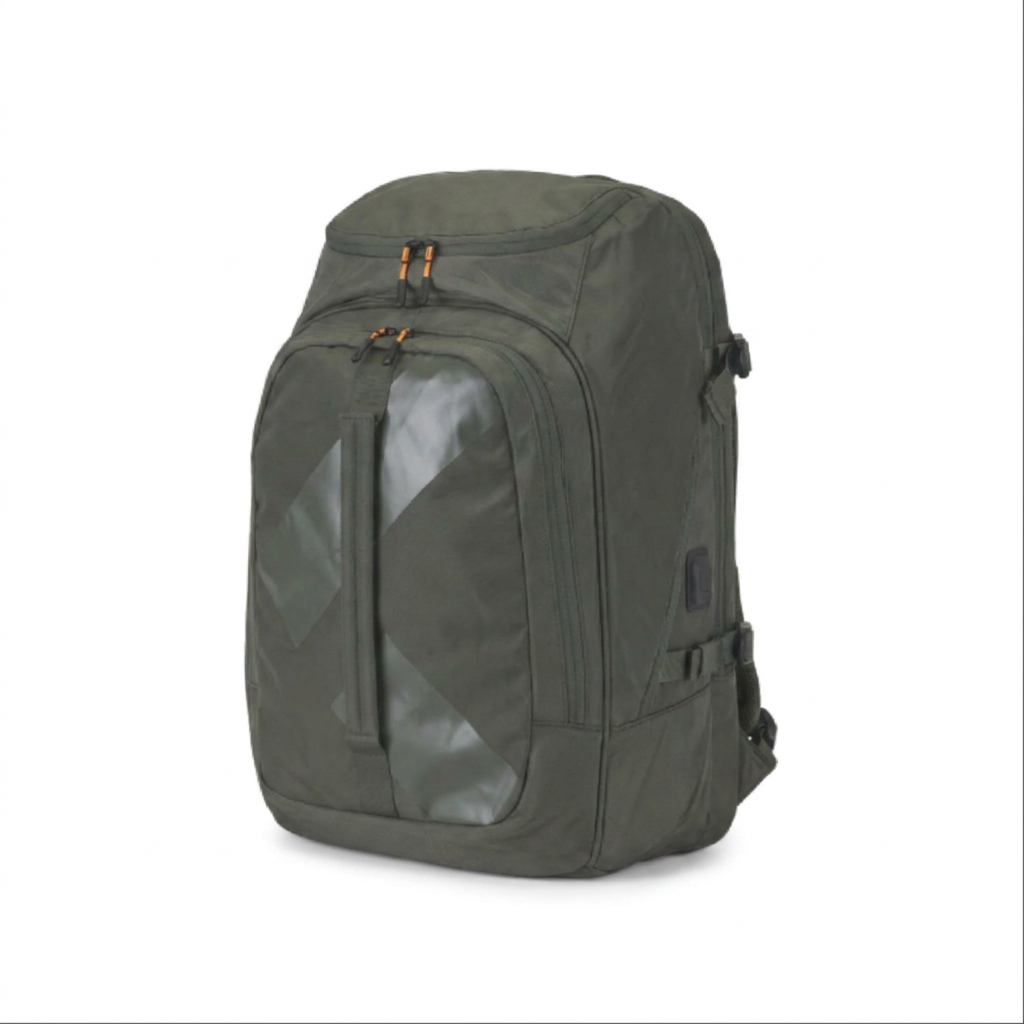 A studio product photograph of the khaki Bugatti K&B Sport Peak Boot Backpack, angled to show the front and right side on a white background.
