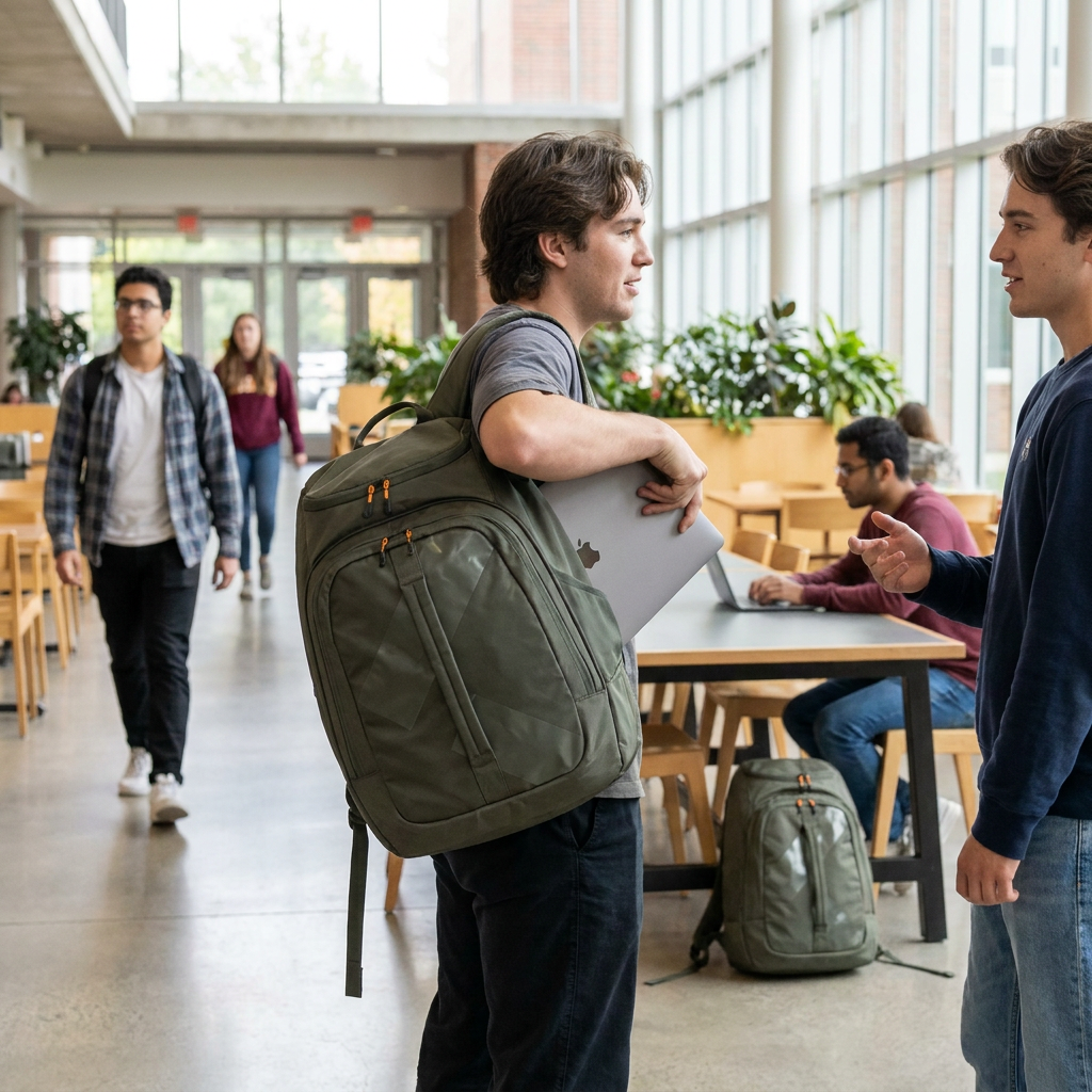Bugatti Khaki Sport Peak Boot Backpack being used by a student in a busy university common area.
