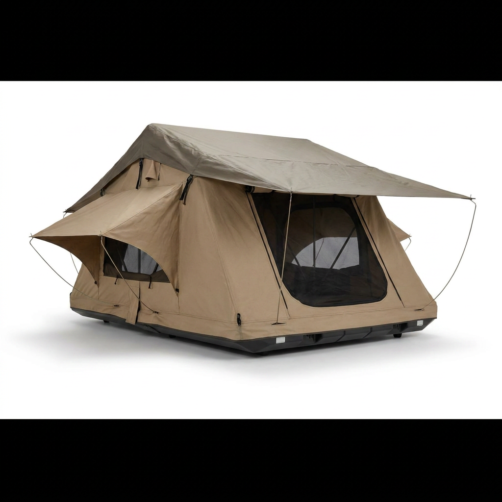 A photorealistic studio product photograph of the Bugatti K&B Sport - The Deluxe with Annex by Room 1916 rooftop tent, showing the tan canvas and charcoal hard shell base. The product is angled to view the left side with the entrance and window. It is centered on a pure white background with a soft, natural shadow.