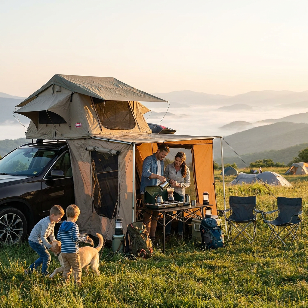 A photorealistic lifestyle photograph shows a family of four with a dog occupying the Bugatti K&B Sport - The Deluxe rooftop tent with Annex on an SUV at a scenic mountain campsite during sunrise. While two children play with the dog, the parents cook on a camp stove under the annex.