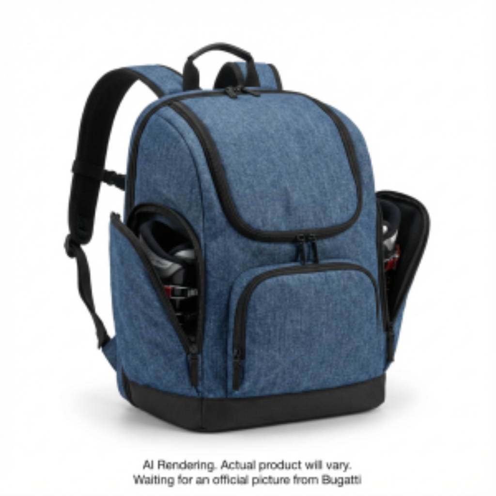 Junior denim blue Bugatti ski boot backpack with side pockets holding gear.