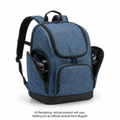 Junior denim blue Bugatti ski boot backpack with side pockets holding gear.