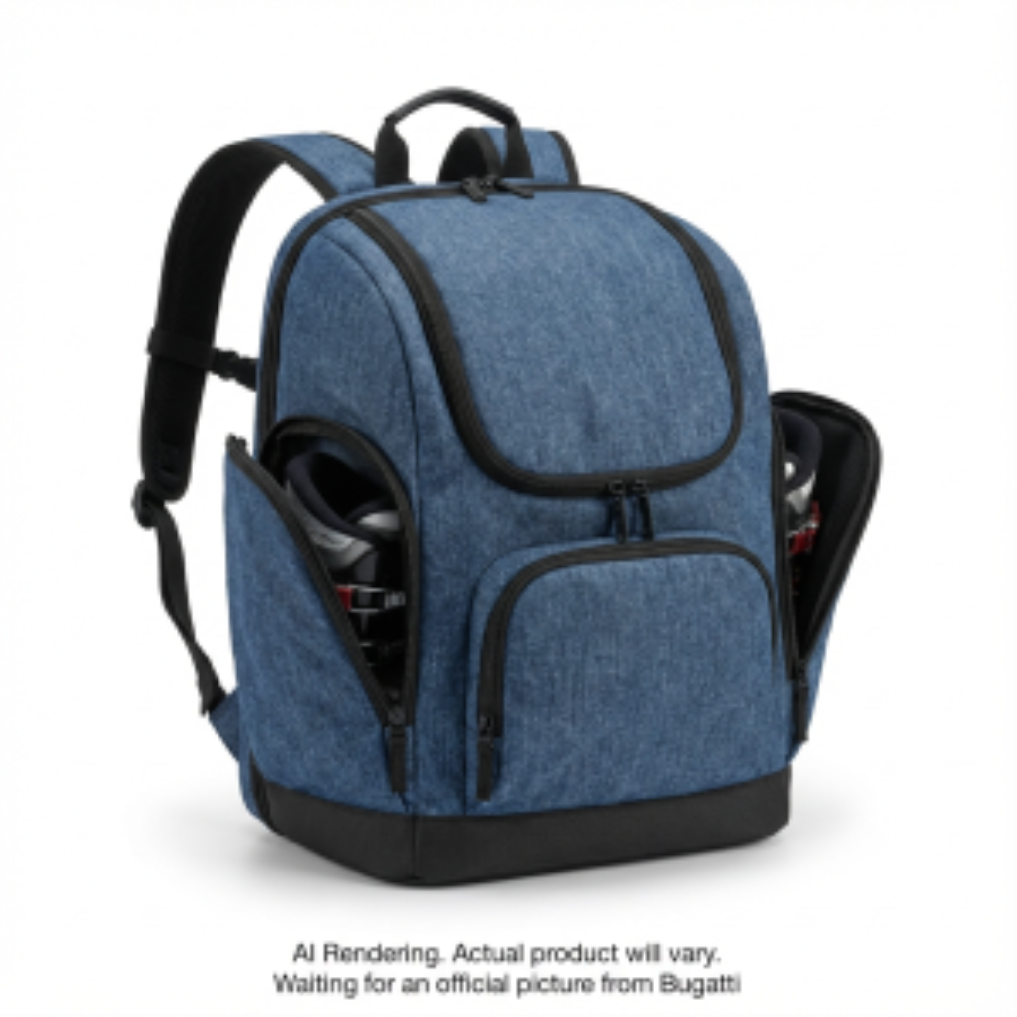 Junior denim blue Bugatti ski boot backpack with side pockets holding gear.