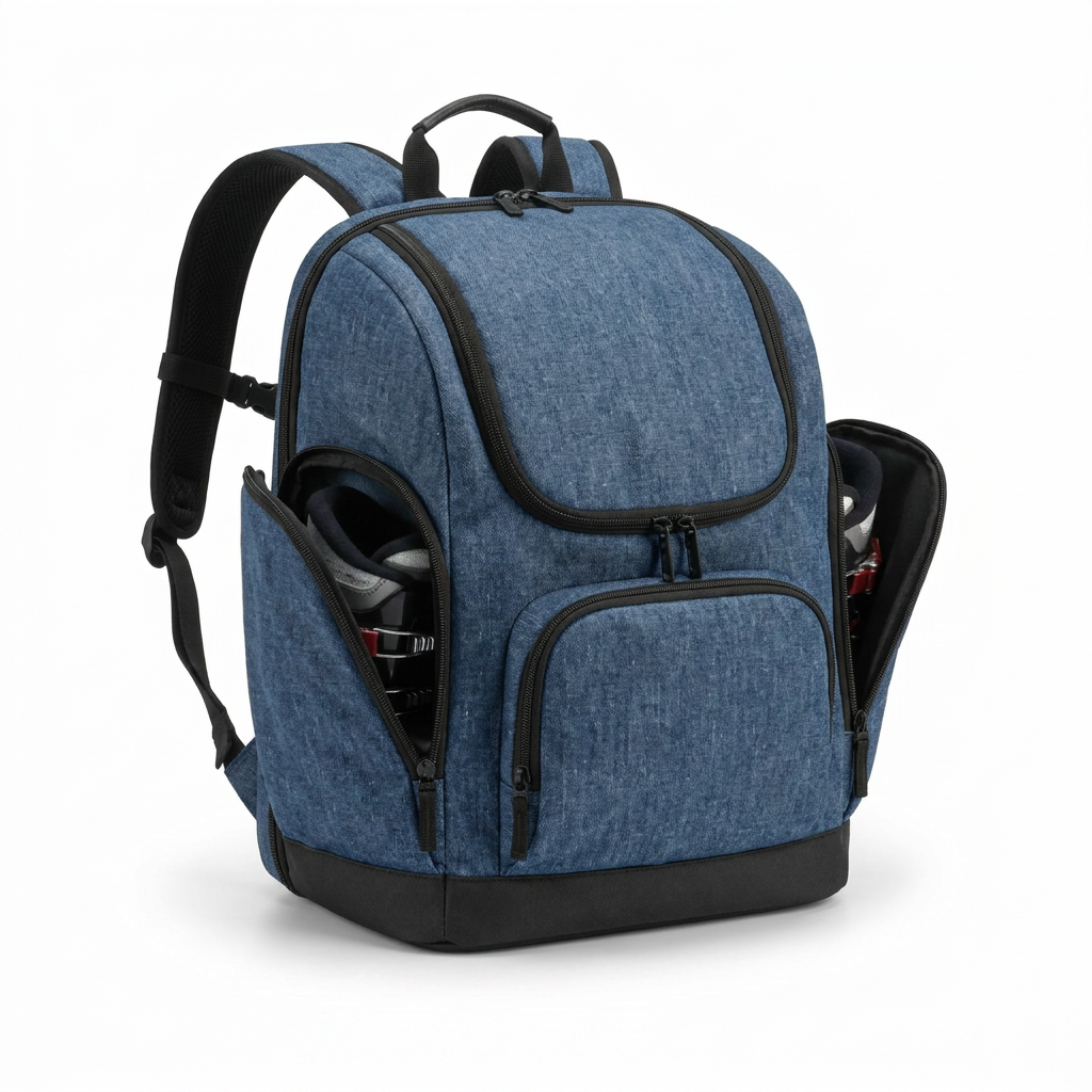A photorealistic studio product photograph of the blue denim Bugatti ski boot backpack, angled to show the left side with the boot compartment open. The bag is centered on a pure white background with a soft shadow.