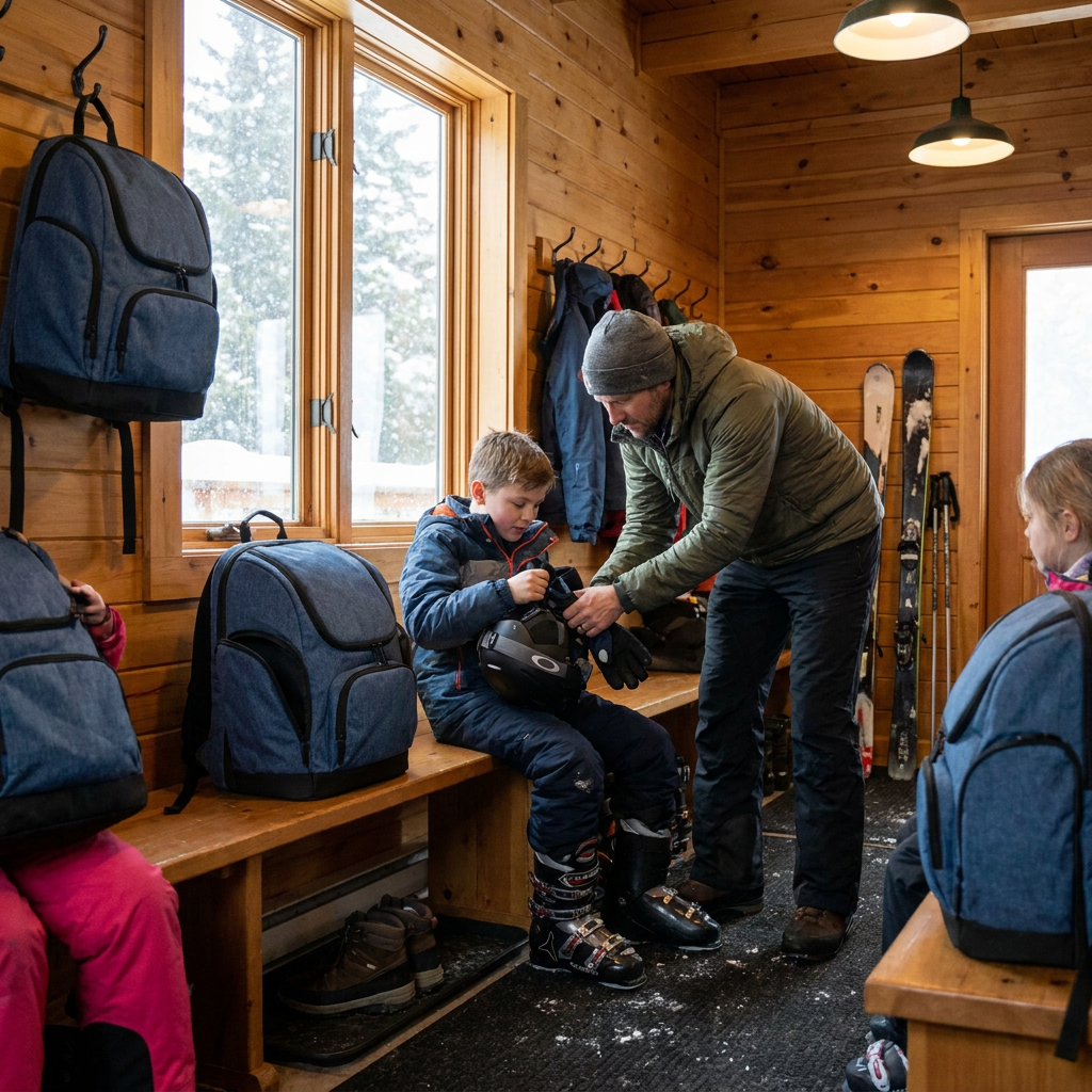 A family, including a father and son, is getting ready in a wood-paneled ski lodge, with several denim Bugatti ski boot backpacks present.