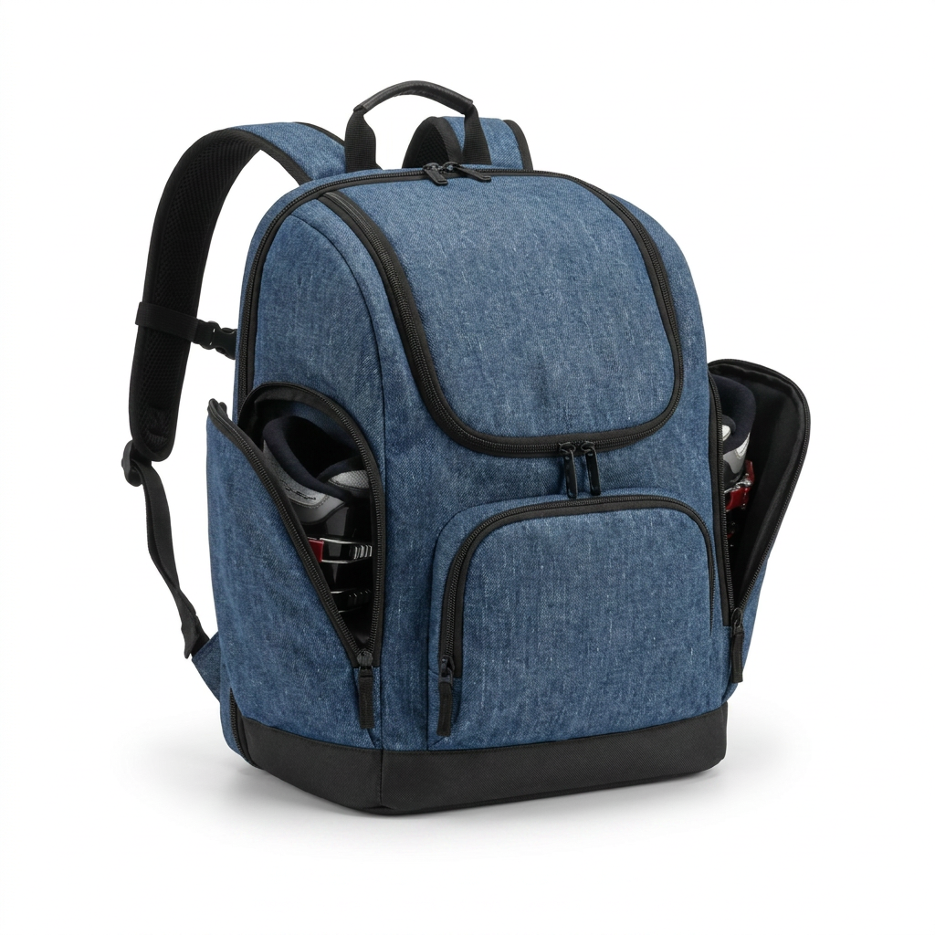 Blue denim Bugatti ski boot backpack, right side angled view, with open pocket showing a ski boot.