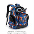 Junior boot backpack with blue, orange, and grey geometric pattern holding a ski helmet.