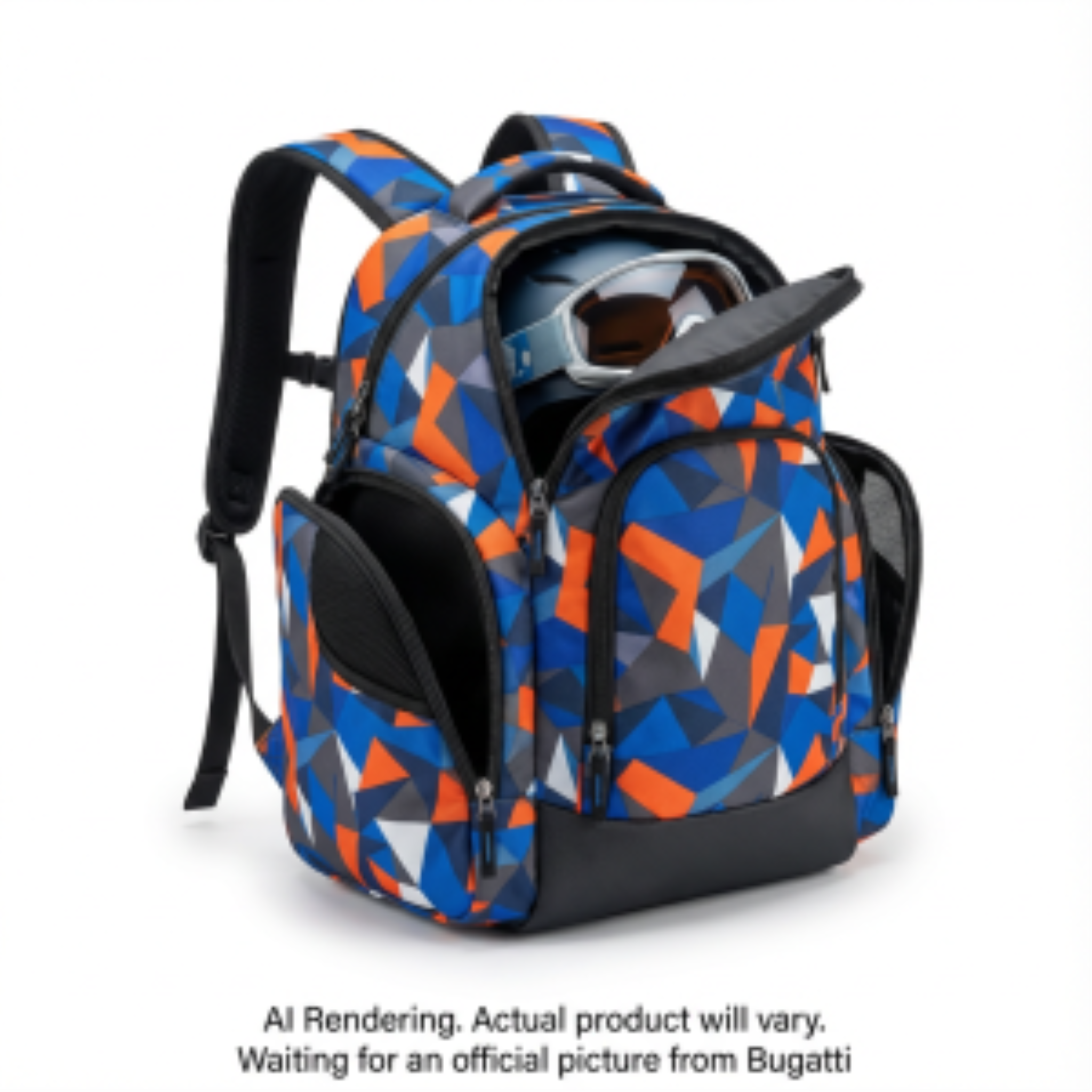 Junior boot backpack with blue, orange, and grey geometric pattern holding a ski helmet.