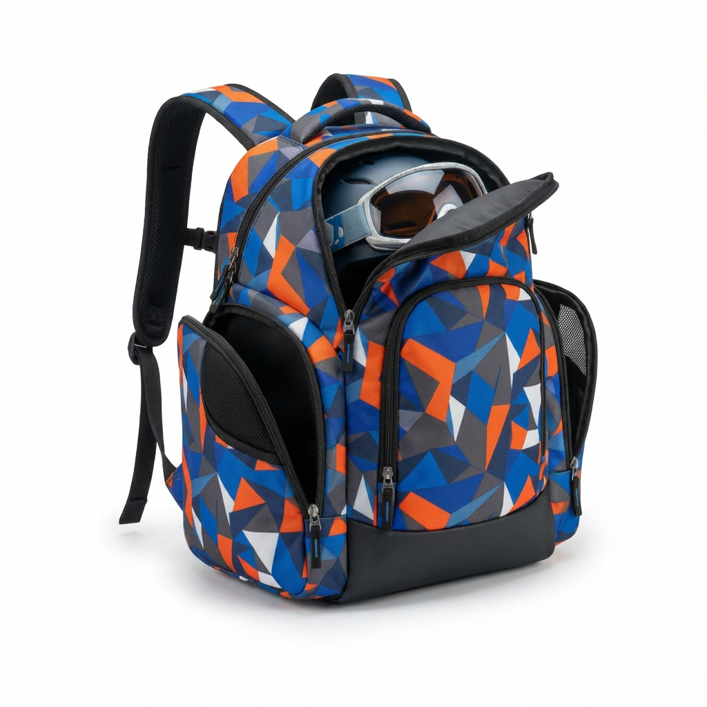 Photorealistic studio photograph of the Bugatti K&B Sport Junior Panorama Boot Backpack - Multi, angled to show the left side on a pure white background.