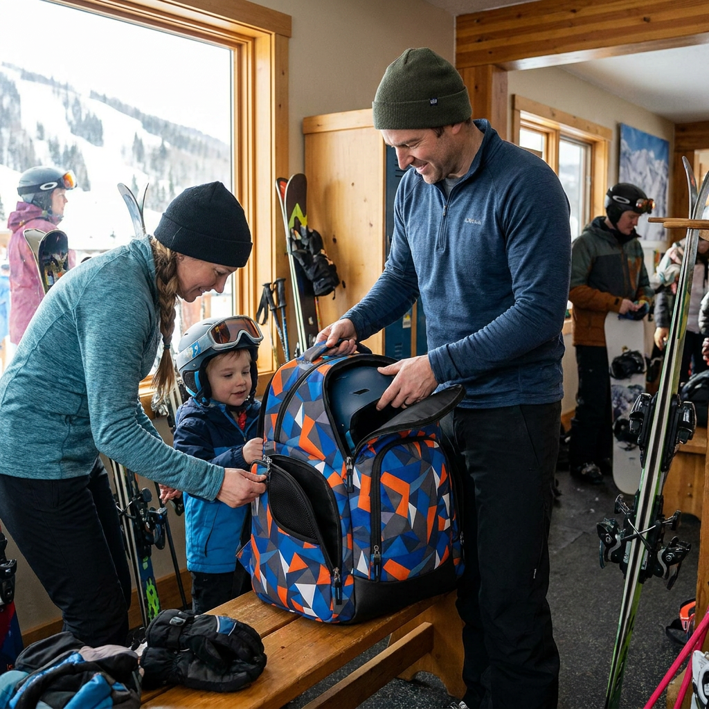 A family of three in a ski lodge packs their gear into the Bugatti K&B Sport Junior Panorama Boot Backpack for a day on the slopes.