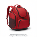A Panorama Boot Backpack in red and black, designed for ski and snowboard gear with side pockets.