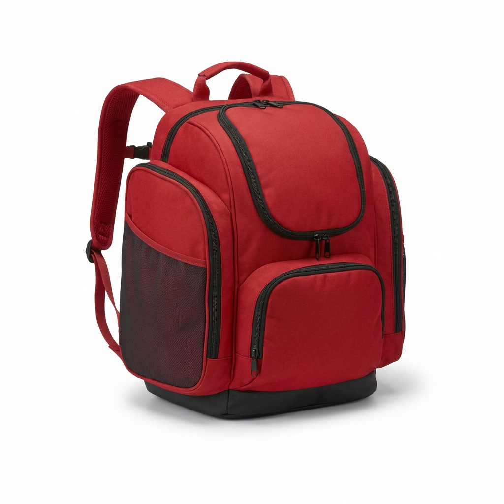 A photorealistic studio photograph of the red Bugatti K&B Sport Panorama Boot Backpack, emphasizing its left side with black mesh pocket, sitting on a pure white background with a soft shadow.