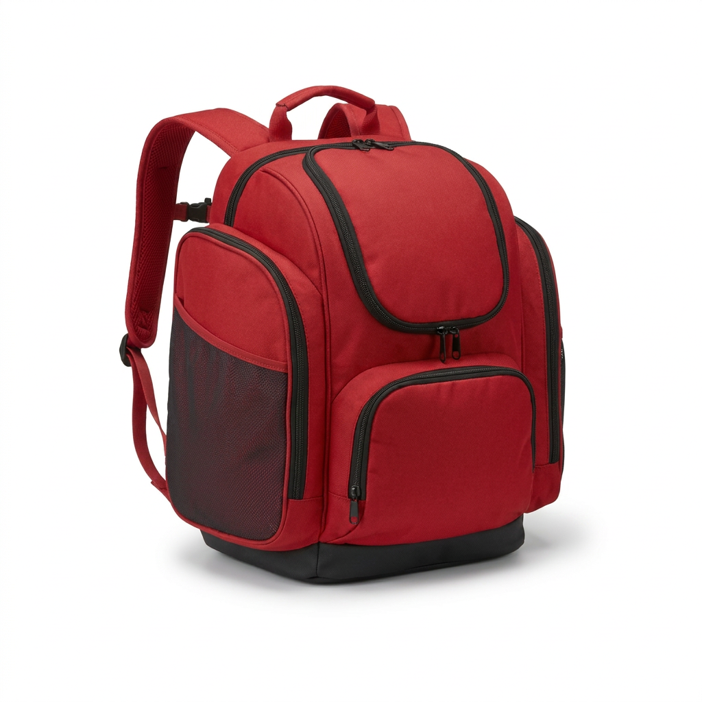 A photorealistic studio product photo of the red Bugatti K&B Sport Panorama Boot Backpack on a pure white background, angled to show the right side.