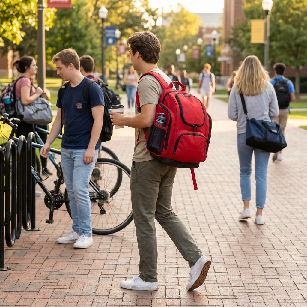 A young man wears the red Bugatti K&B Sport Panorama Boot Backpack while walking on a sunny university campus past other students and bicycles.