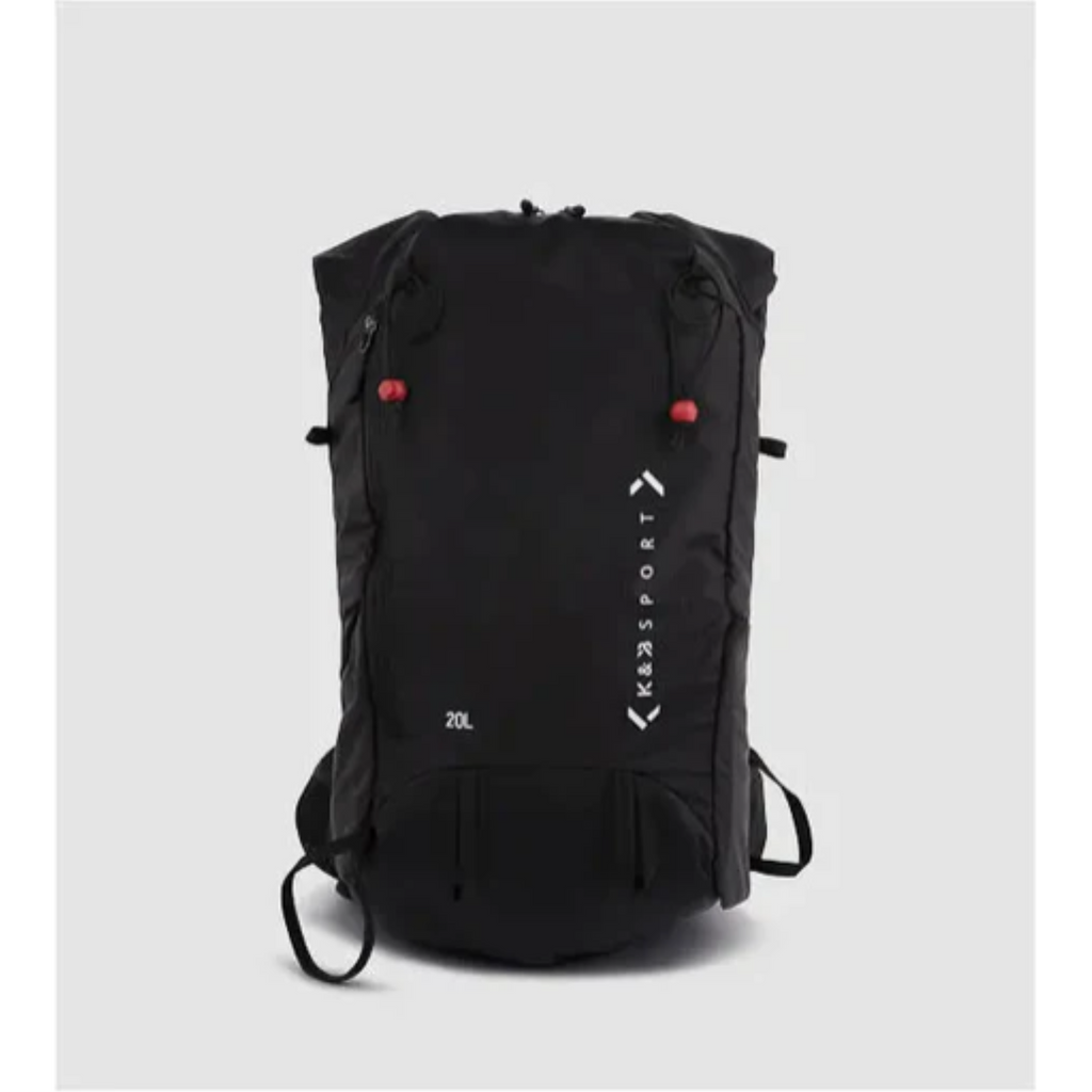 Front view of a black 20L waterproof touring ski backpack with K&S Sport branding and red toggles.