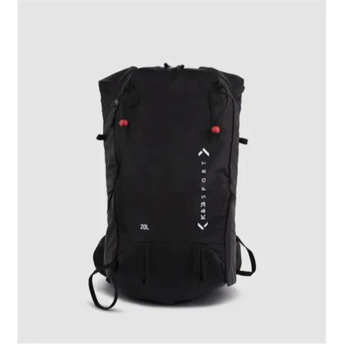 Front view of a black 20L waterproof touring ski backpack with K&S Sport branding and red toggles.