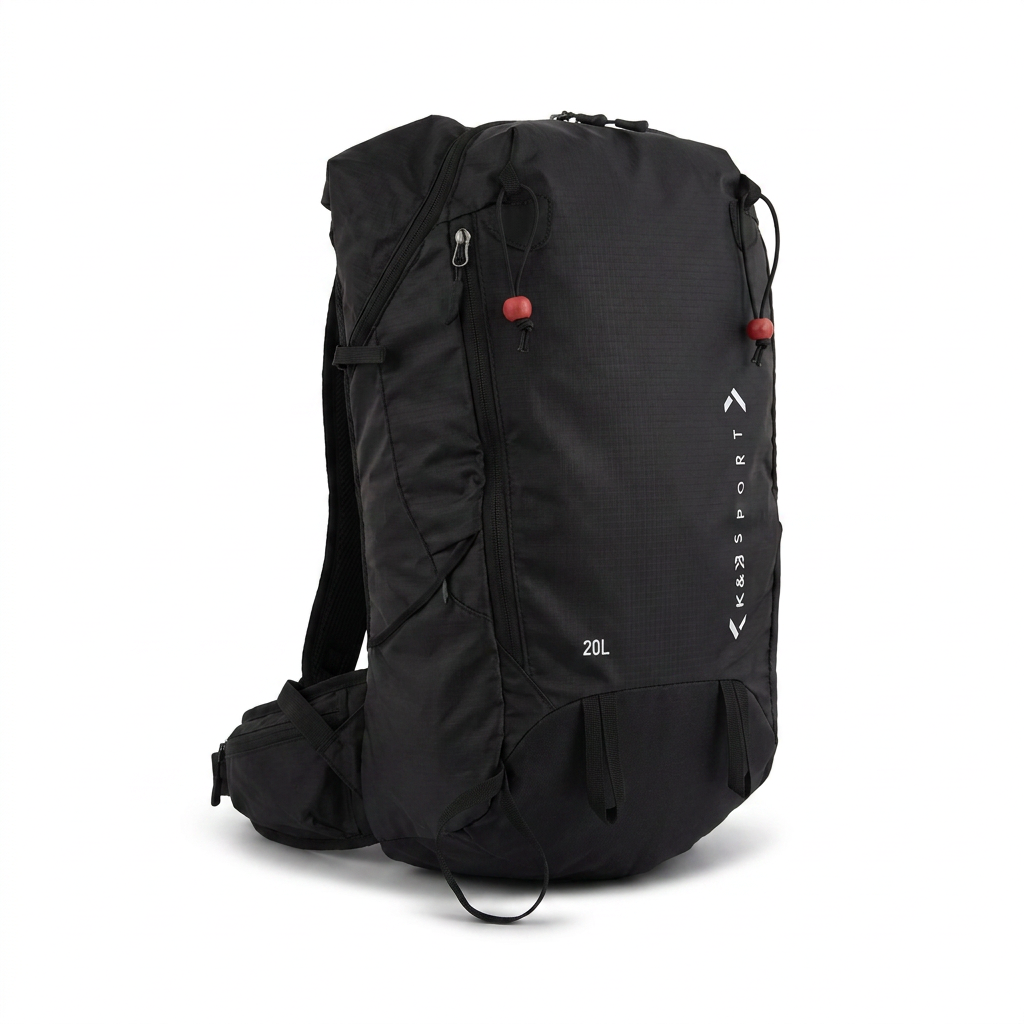 A photorealistic studio shot of the black Bugatti K&B 20L ski backpack, angled left on a white background.