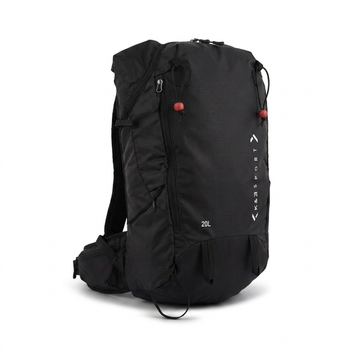 A photorealistic studio shot of the black Bugatti K&B 20L ski backpack, angled left on a white background.