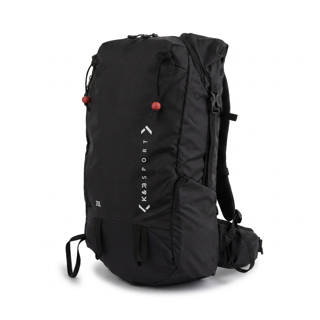 Photorealistic studio product photo of the black Bugatti K&B 20L Approach Touring Ski Backpack, angled to show its right side. The ripstop nylon with its white K&J SPORT logo and red toggles is centered on a pure white background with a soft shadow.