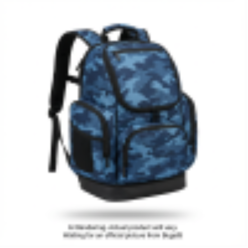 Junior ski boot backpack in blue camouflage pattern with black base and adjustable straps.