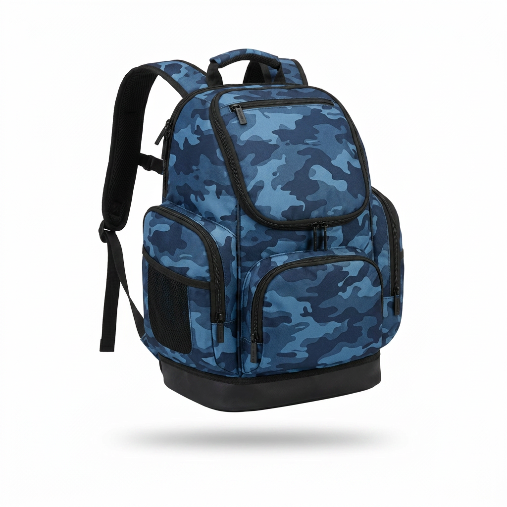 A studio product photo of the blue camo Bugatti backpack, angled left, on a white background with a soft shadow.