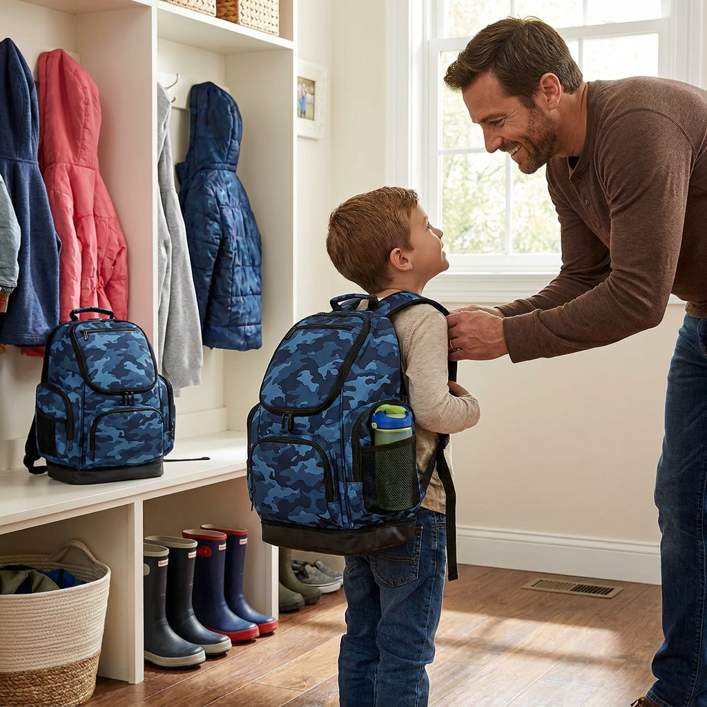 A father and son in a home mudroom, where the boy is wearing the blue camo Bugatti Junior backpack, preparing for school.