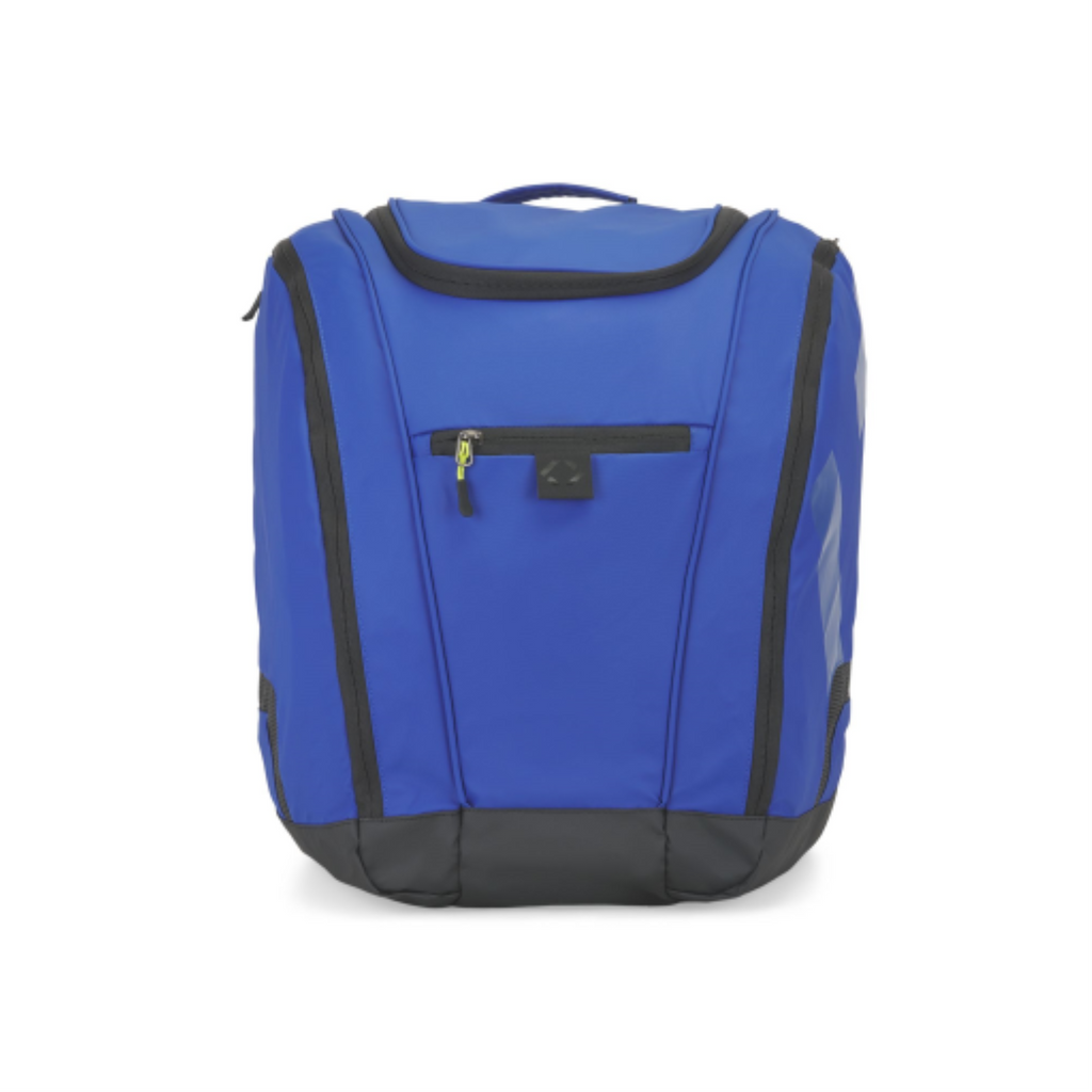 Blue K&B Sport Panorama 65L ski boot backpack with black trim and front zipper pocket.