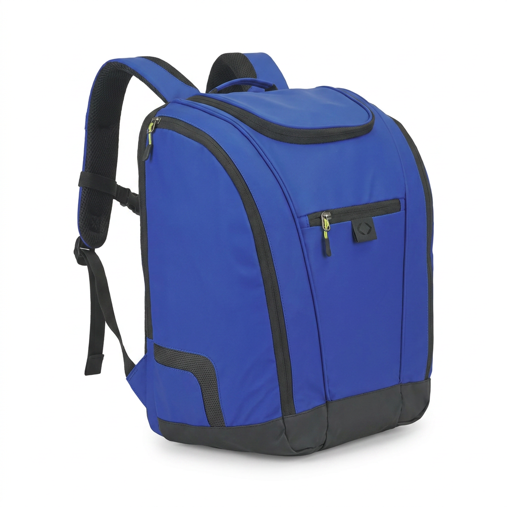 A photorealistic studio shot of the blue Bugatti K&B Sport Panorama Boot Backpack, angled to the left on a white background with a soft shadow.
