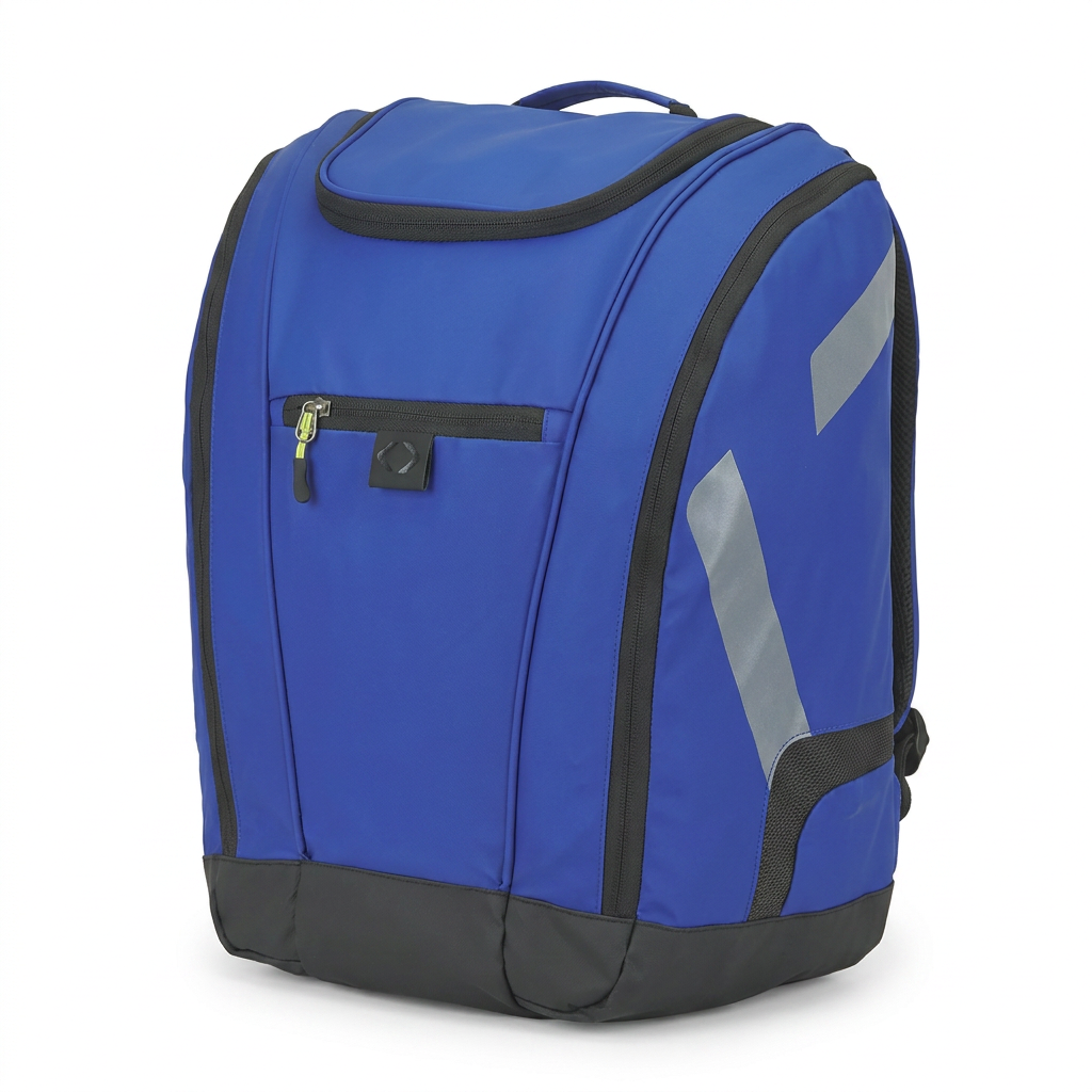 A photorealistic studio photograph of the blue Bugatti K&B Sport Panorama Boot Backpack, angled to show the right side and silver reflective stripes.