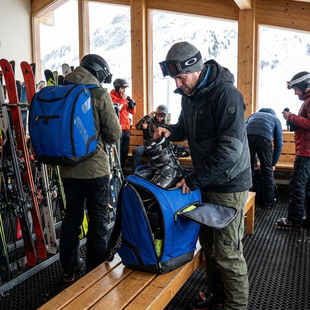 A man in a ski lodge boot room packs a ski boot into the blue Bugatti K&B Sport Panorama Boot Backpack.