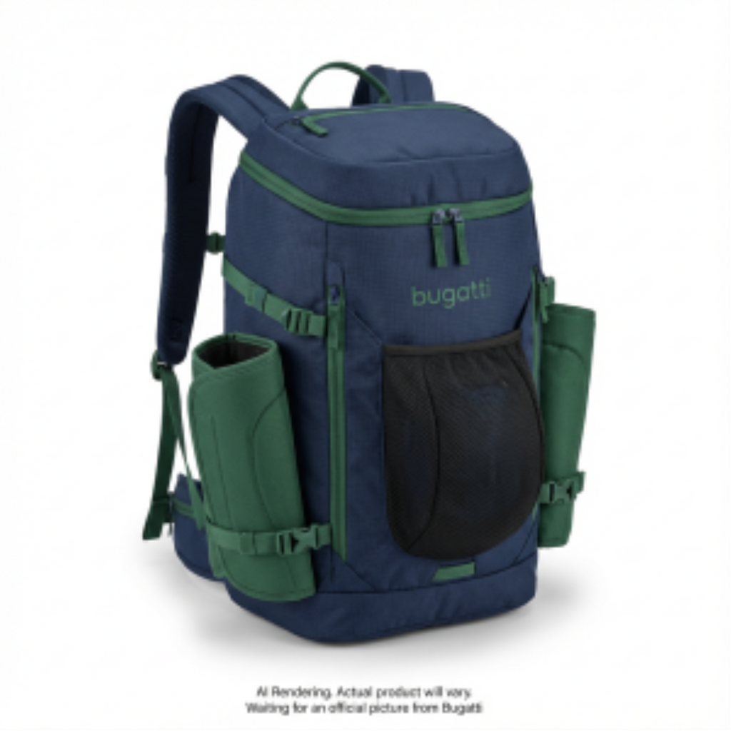 Navy and green bugatti ski gear backpack with side boot holders and front mesh pocket.
