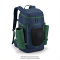 Navy and green bugatti ski gear backpack with side boot holders and front mesh pocket.