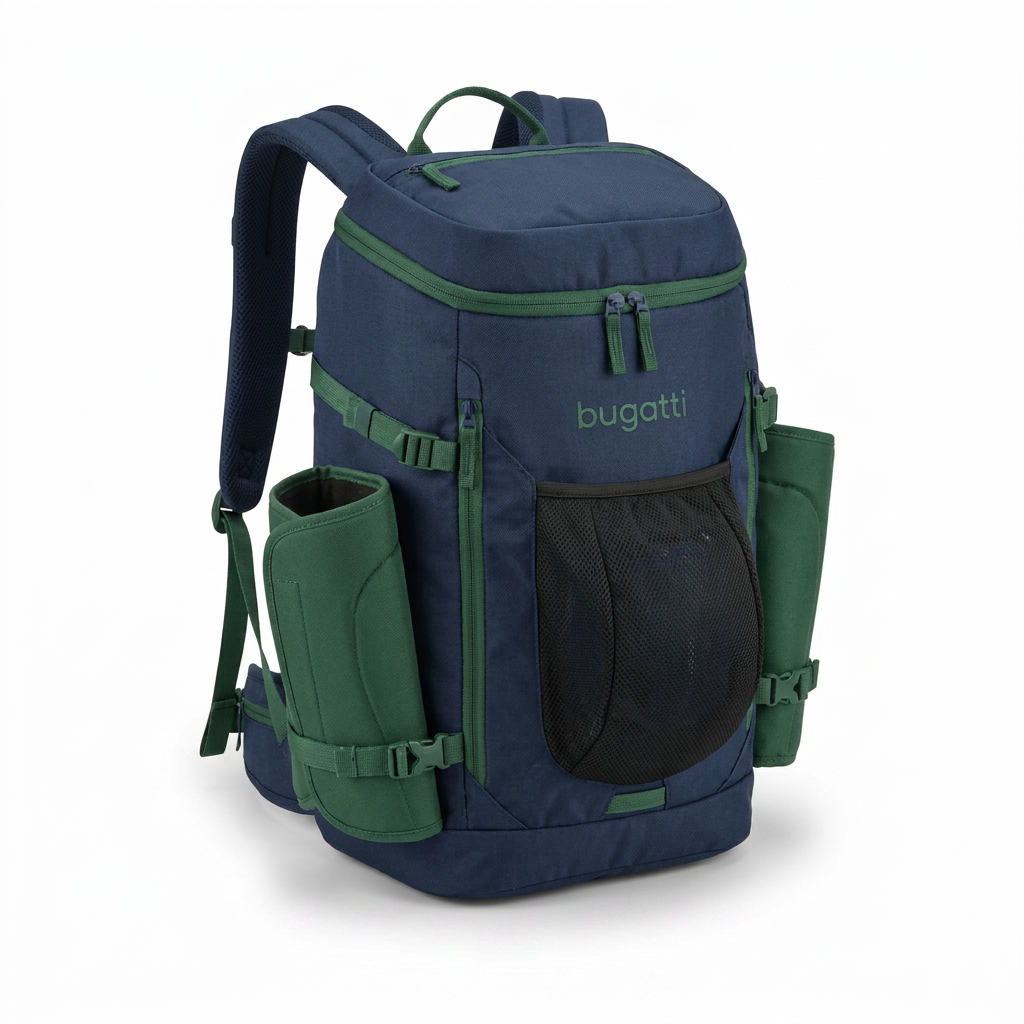 A photorealistic studio photograph of the Bugatti K&B Sport Whistler Boot Pack in navy and green, angled from the left on a white background.