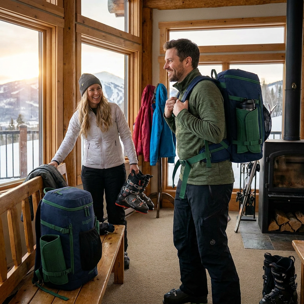 A man and a woman get ready for skiing in a lodge with two Bugatti boot packs, one on the man's back.