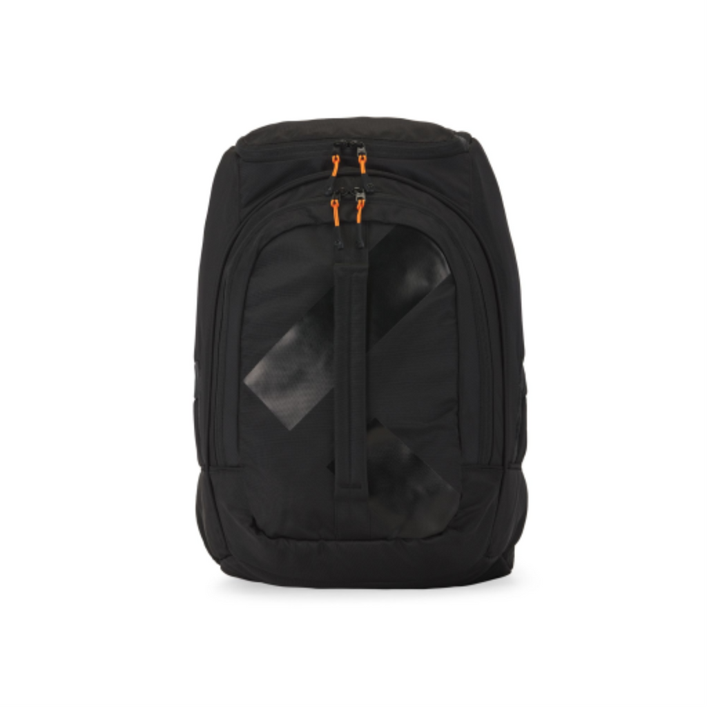 Front view of a black 45L junior ski boot backpack with orange zipper pulls and strap details.