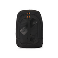 Front view of a black 45L junior ski boot backpack with orange zipper pulls and strap details.