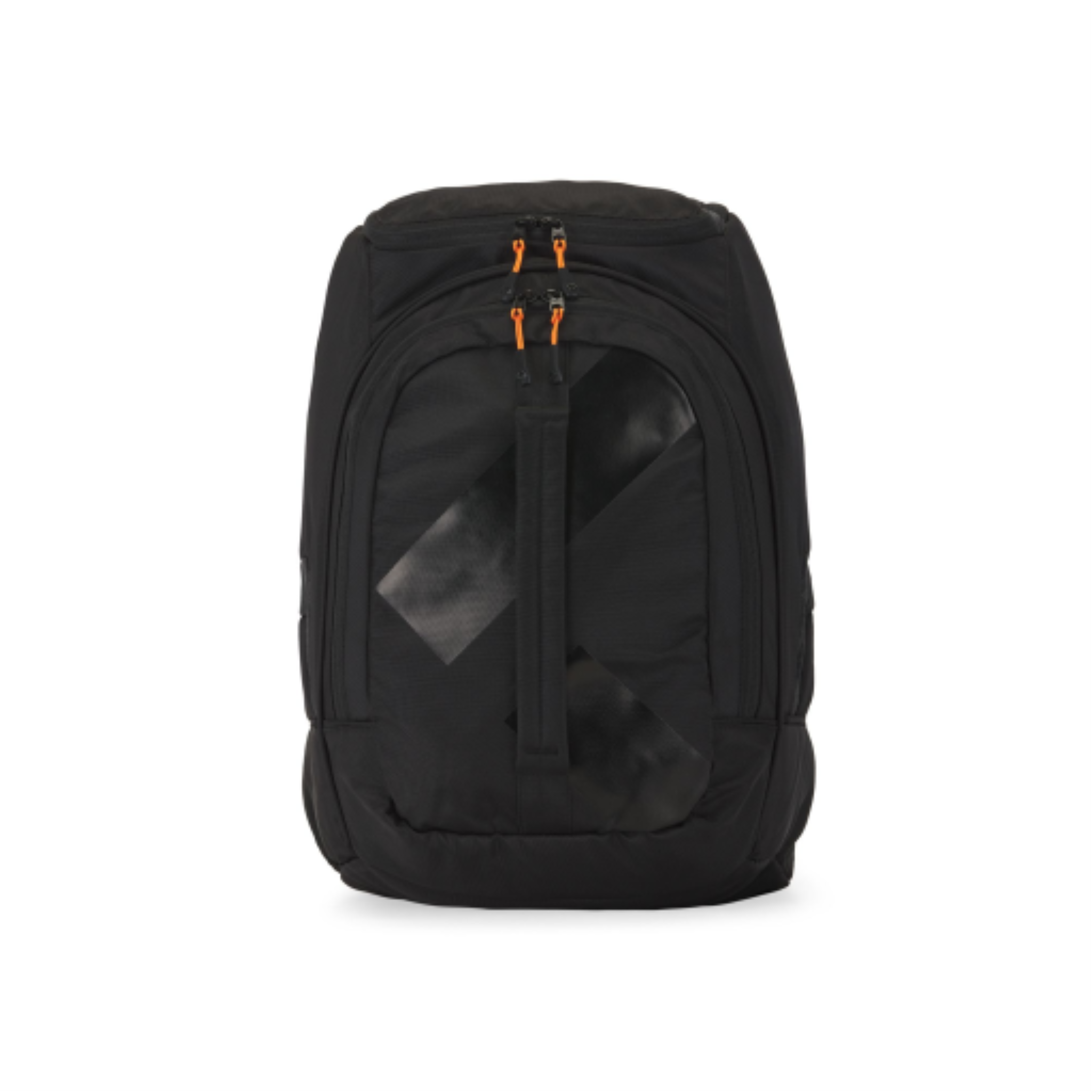 Front view of a black 45L junior ski boot backpack with orange zipper pulls and strap details.