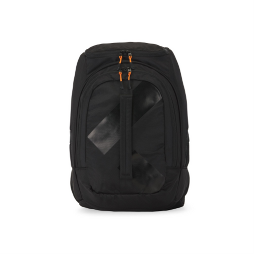 Front view of a black 45L junior ski boot backpack with orange zipper pulls and strap details.
